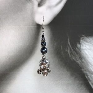 Handcrafted Faux Grey Black Pearl Dangling Earrings w Skull Halloween Pendant